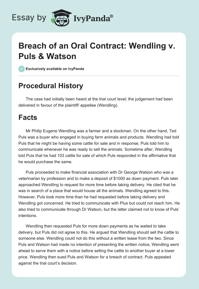 Breach of an Oral Contract: Wendling v. Puls & Watson. Page 1