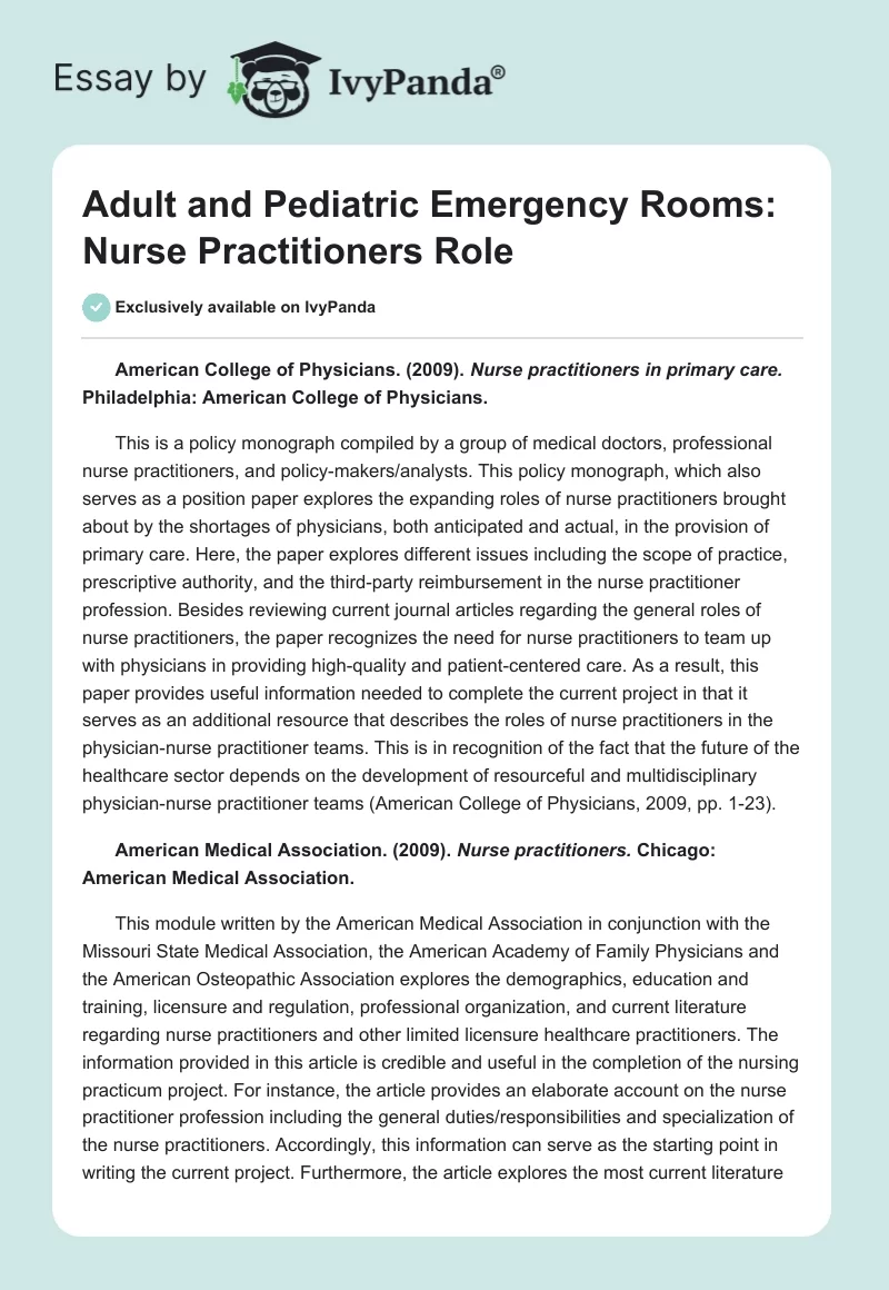 Adult and Pediatric Emergency Rooms: Nurse Practitioners Role. Page 1