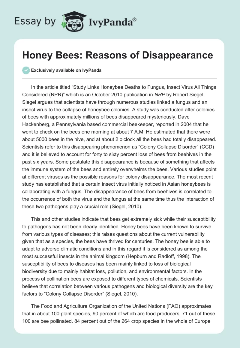 Honey Bees: Reasons of Disappearance. Page 1