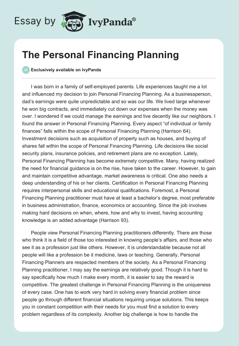 The Personal Financing Planning. Page 1