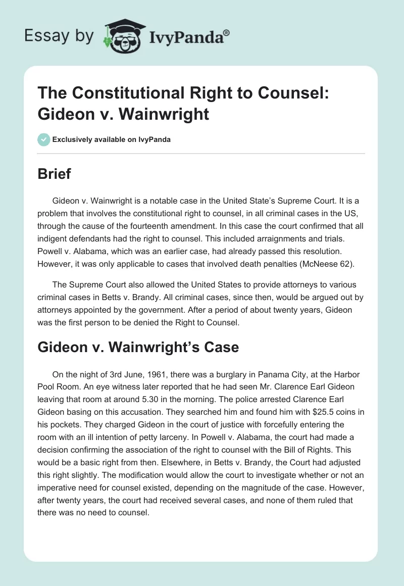 The Constitutional Right to Counsel: Gideon v. Wainwright. Page 1