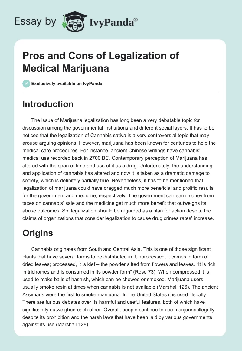 Pros and Cons of Legalization of Medical Marijuana. Page 1