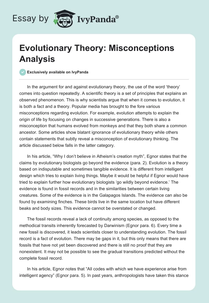 Evolutionary Theory: Misconceptions Analysis. Page 1