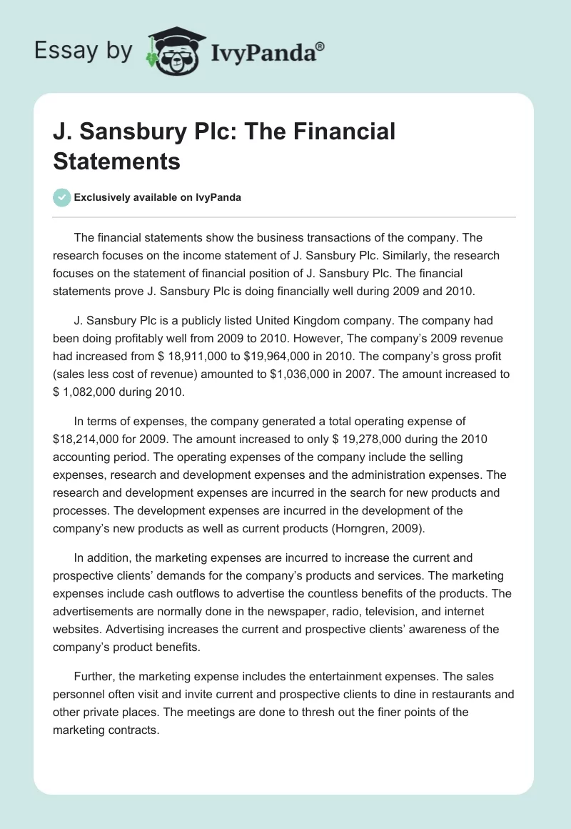 J. Sansbury Plc: The Financial Statements. Page 1