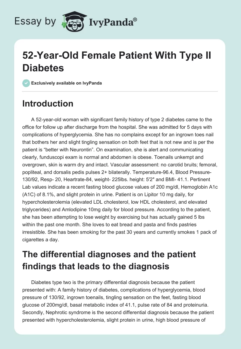 52-Year-Old Female Patient With Type II Diabetes. Page 1