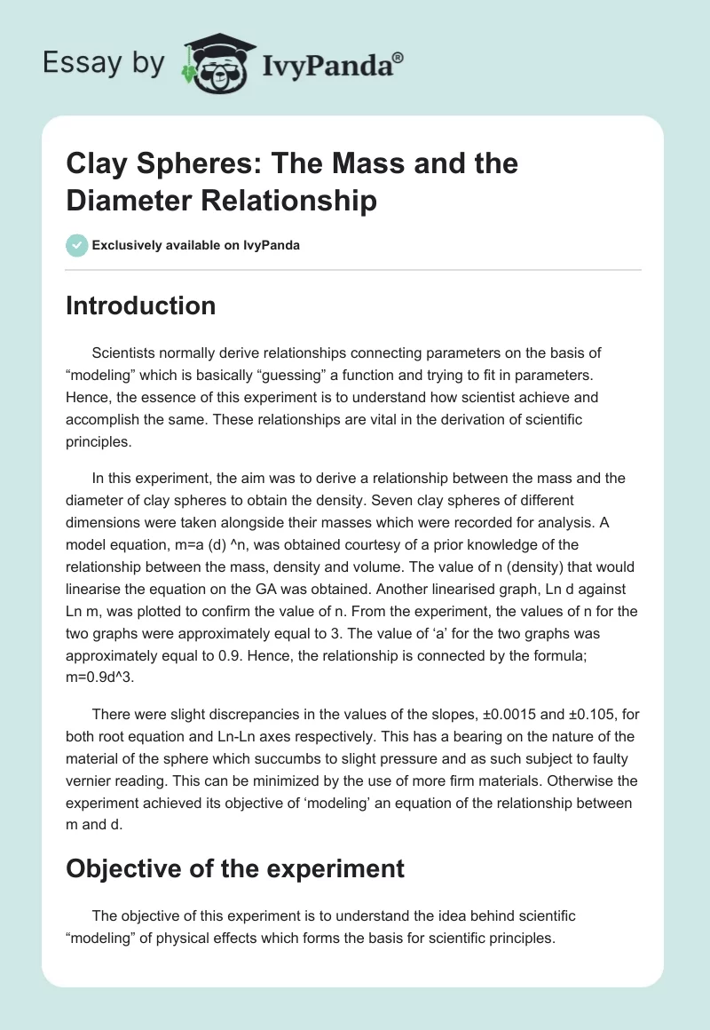 Clay Spheres: The Mass and the Diameter Relationship. Page 1