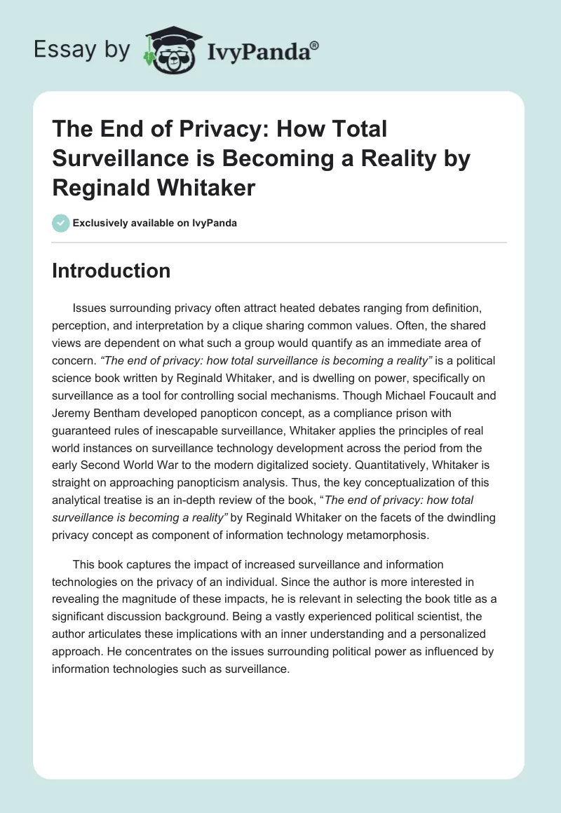 "The End of Privacy: How Total Surveillance is Becoming a Reality" by Reginald Whitaker. Page 1