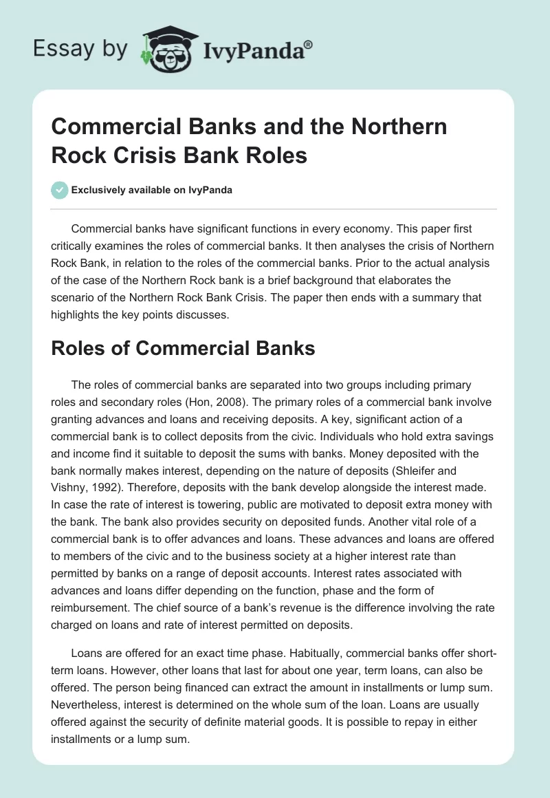 Commercial Banks and the Northern Rock Crisis Bank Roles. Page 1