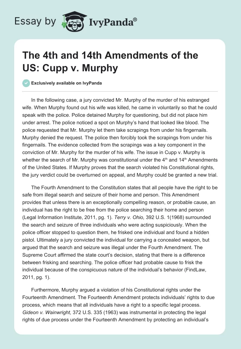 The 4th and 14th Amendments of the US: Cupp v. Murphy. Page 1