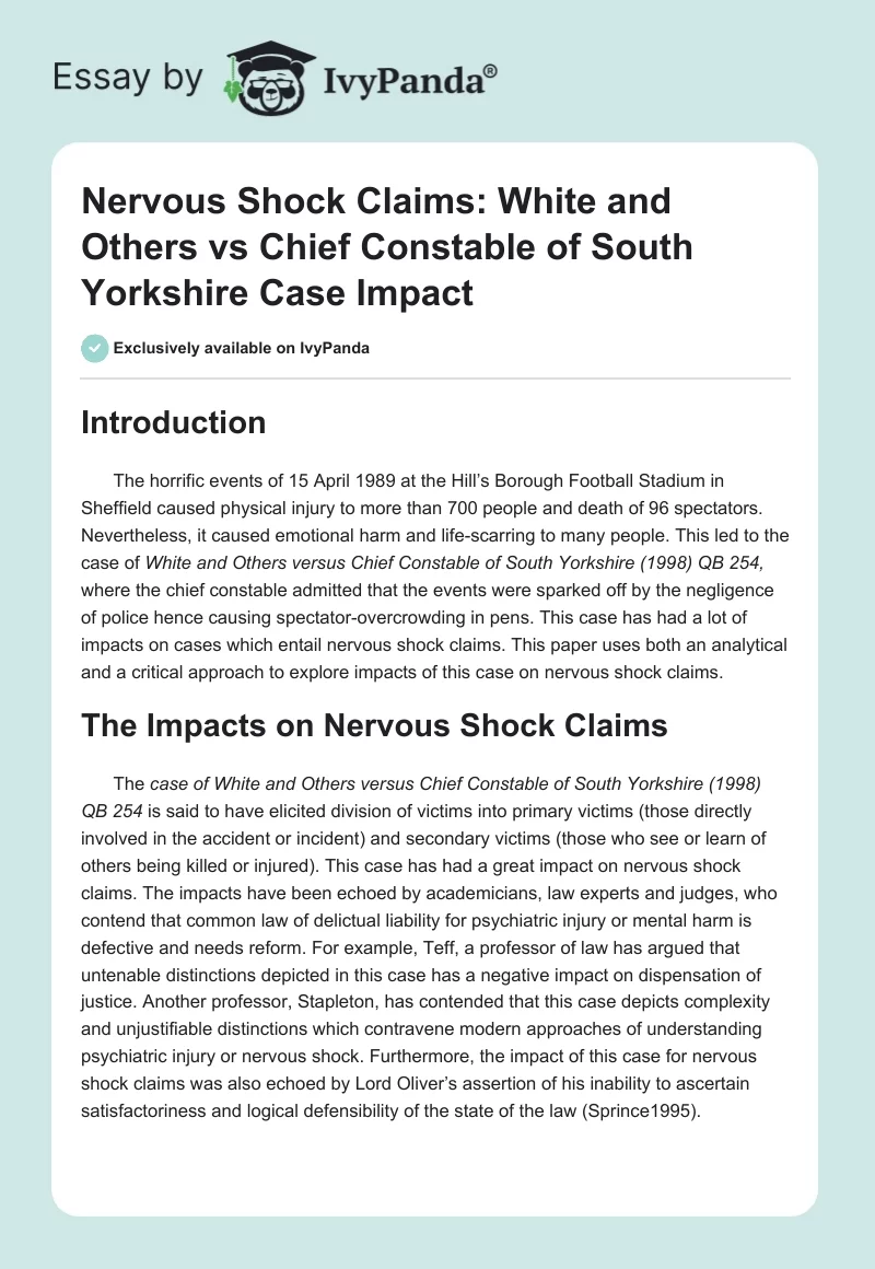 Nervous Shock Claims: White and Others vs Chief Constable of South Yorkshire Case Impact. Page 1