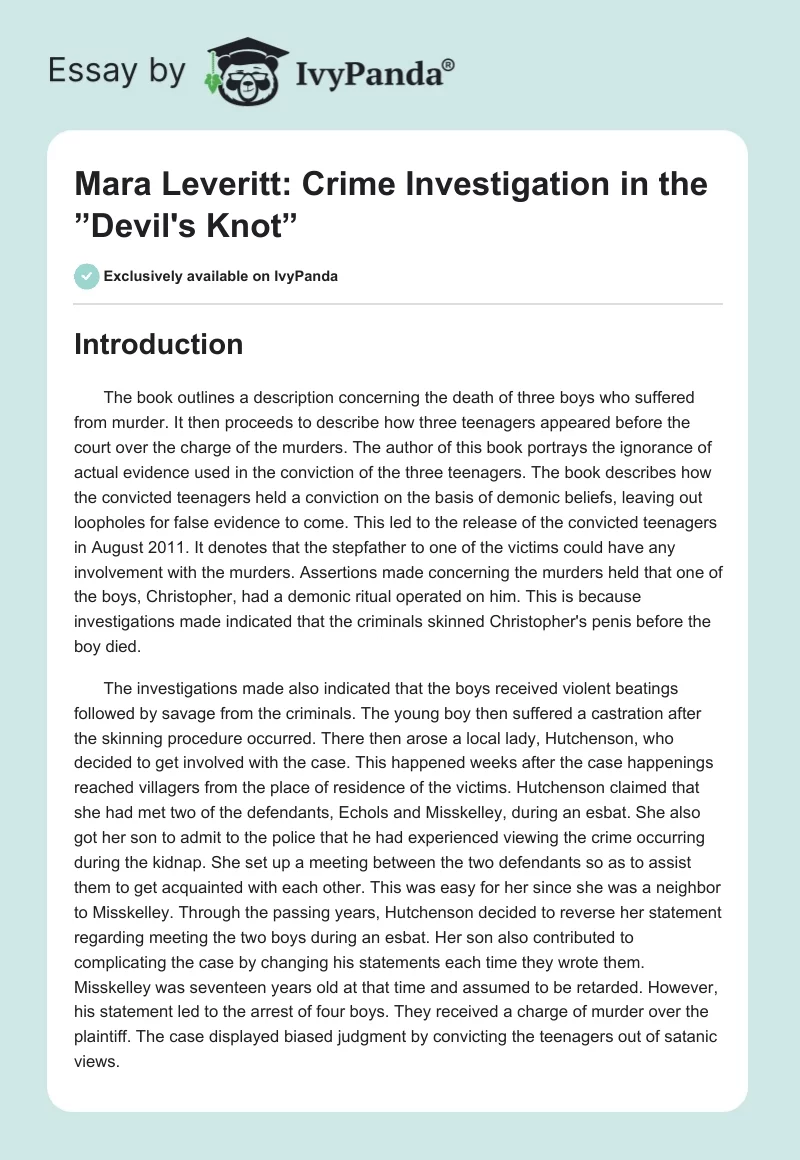 Mara Leveritt: Crime Investigation in the ”Devil's Knot”. Page 1