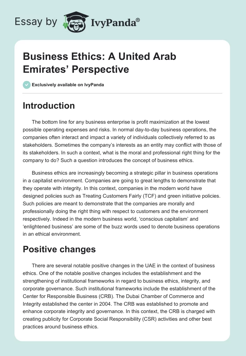 Business Ethics: A United Arab Emirates’ Perspective. Page 1