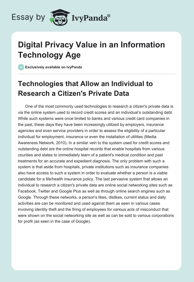 Digital Privacy Value in an Information Technology Age. Page 1