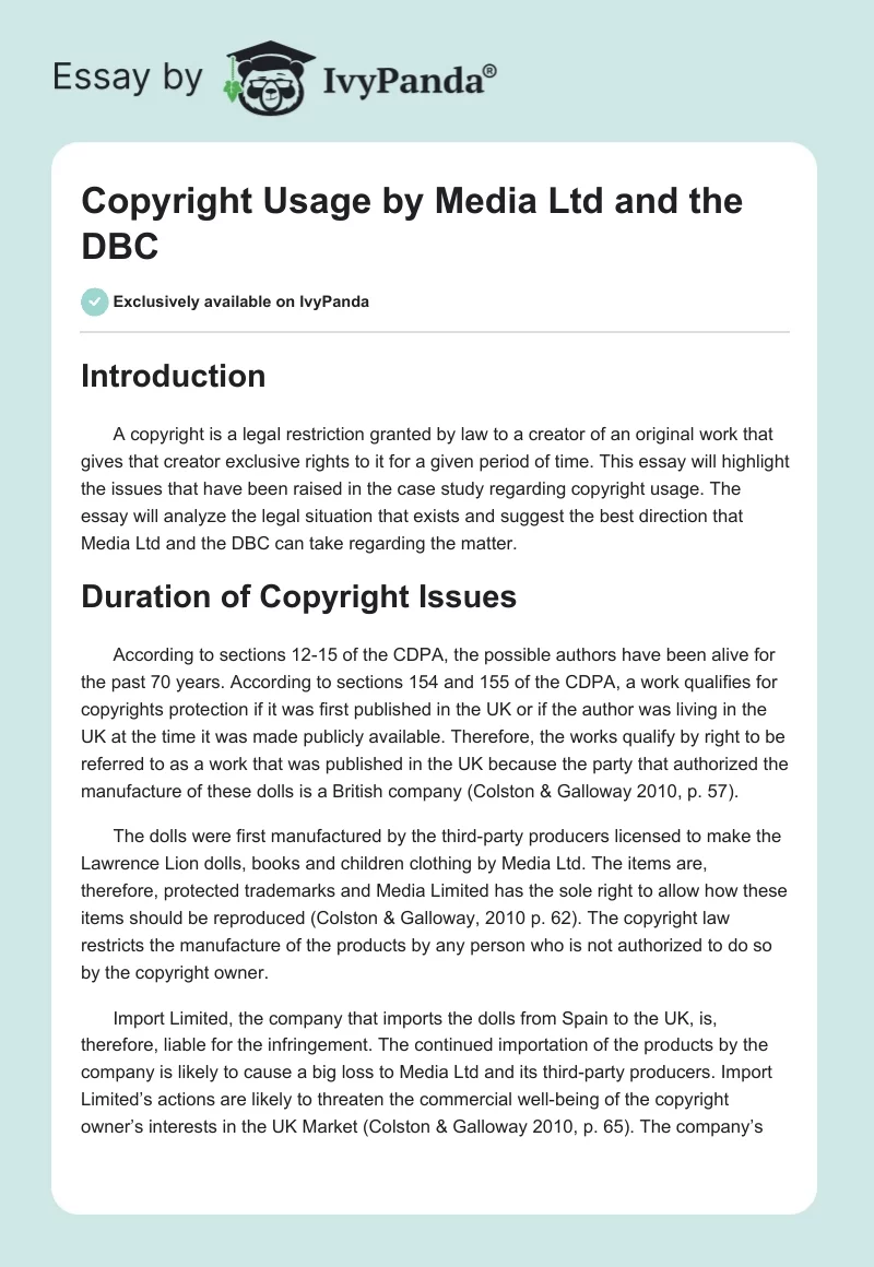 Copyright Usage by Media Ltd and the DBC. Page 1