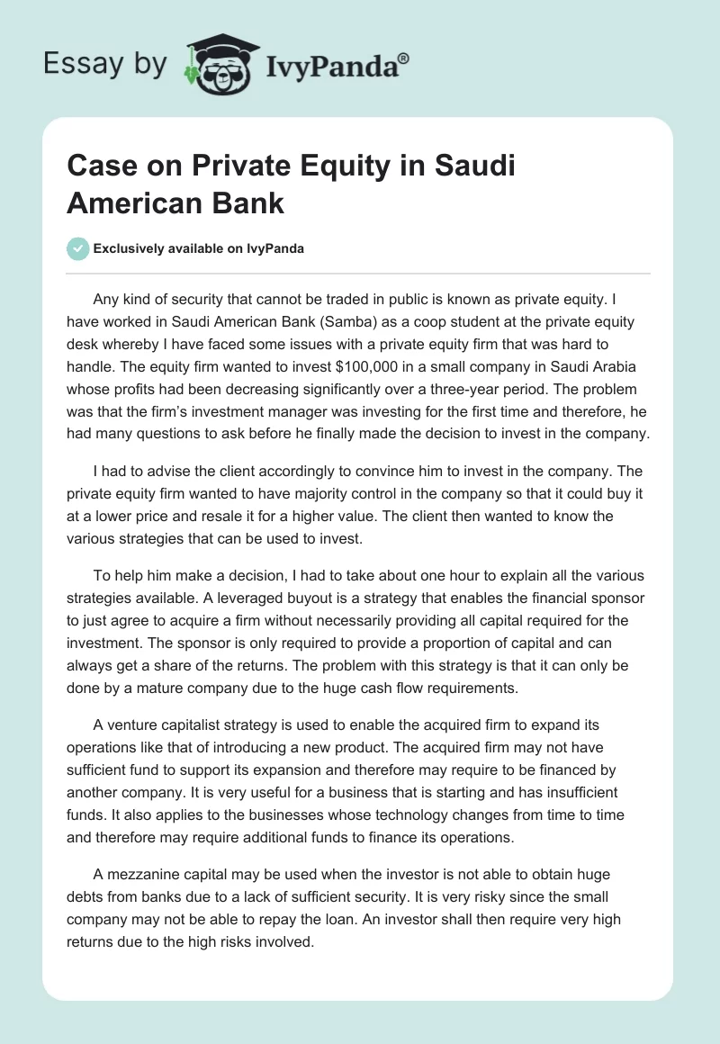 Case on Private Equity in Saudi American Bank. Page 1