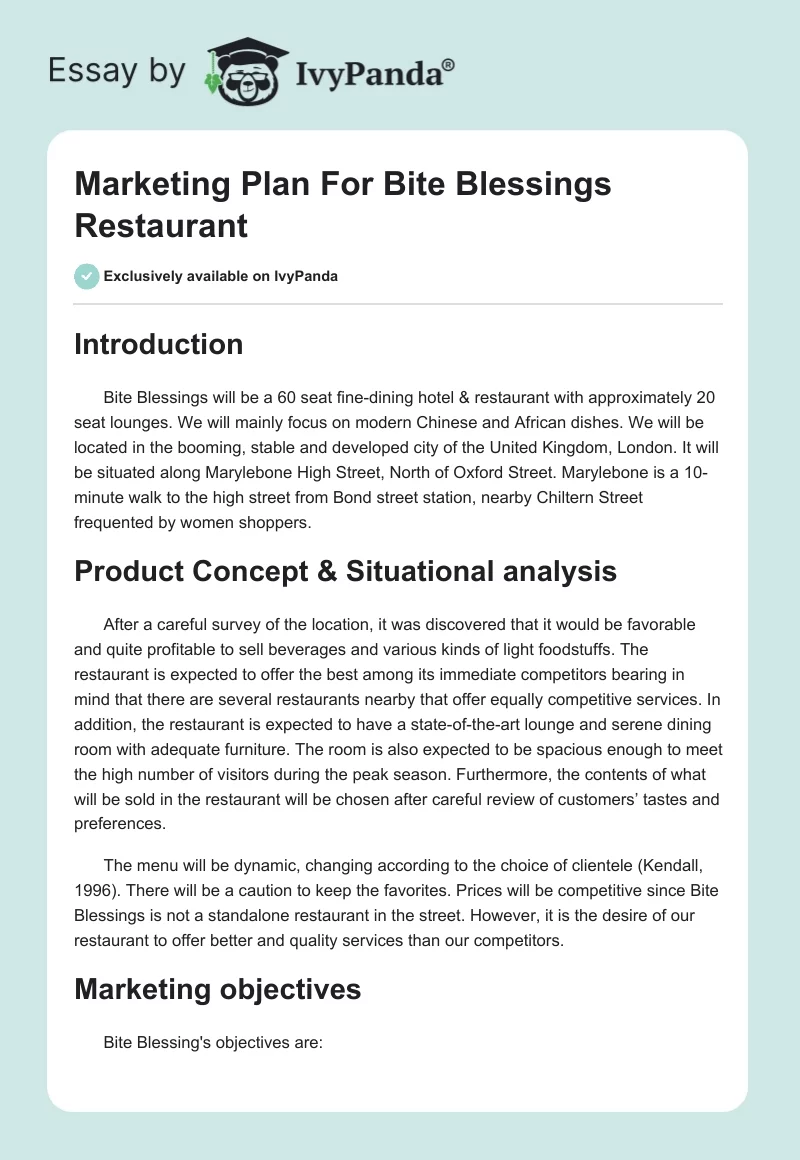 Marketing Plan For Bite Blessings Restaurant. Page 1