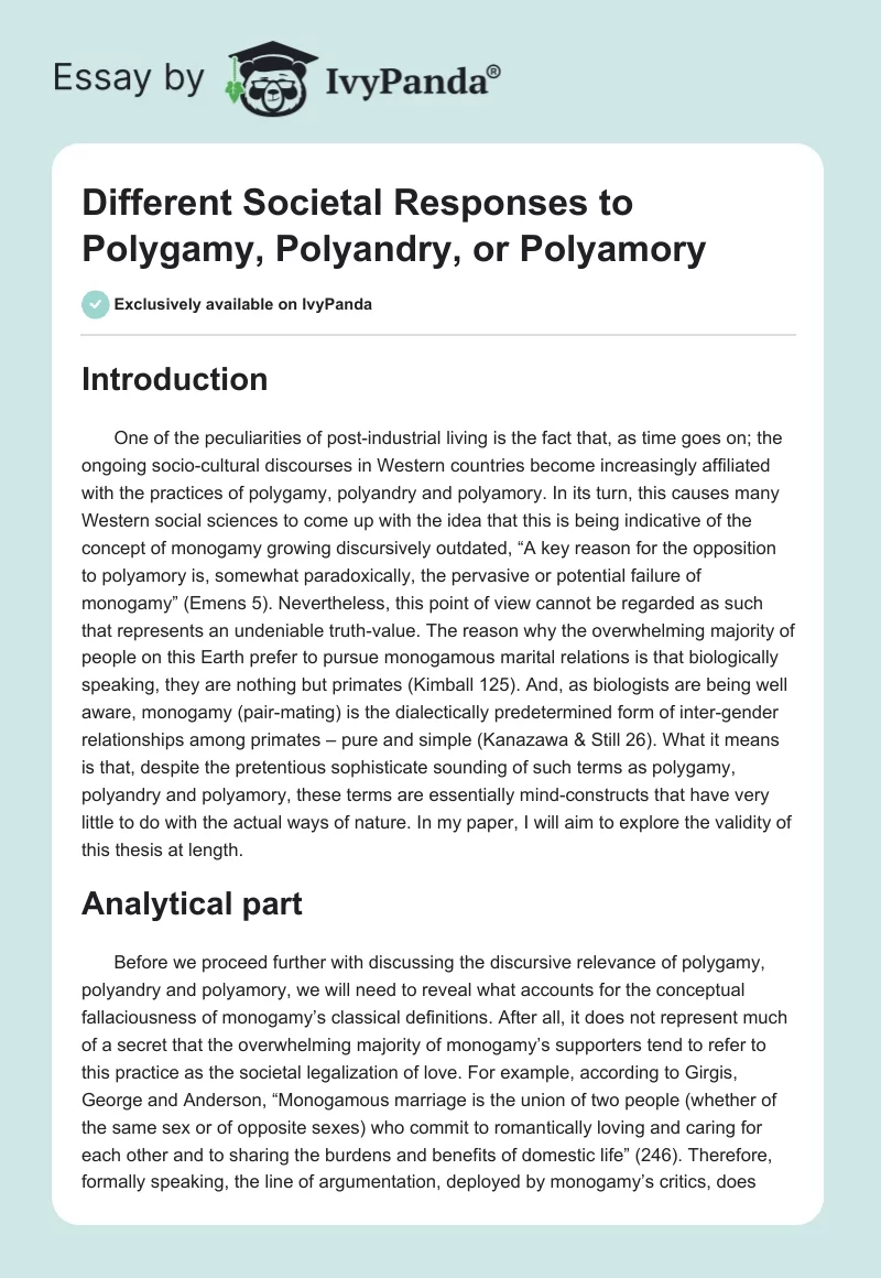 Different Societal Responses to Polygamy, Polyandry, or Polyamory. Page 1