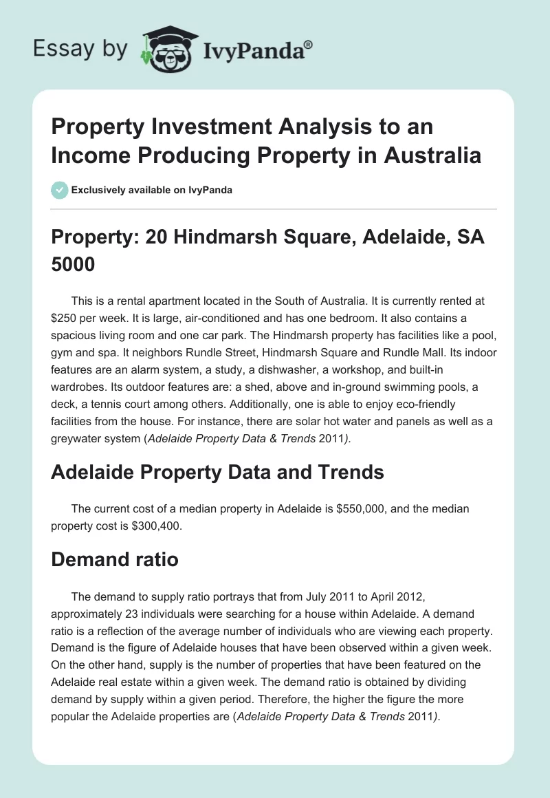Property Investment Analysis to an Income Producing Property in Australia. Page 1