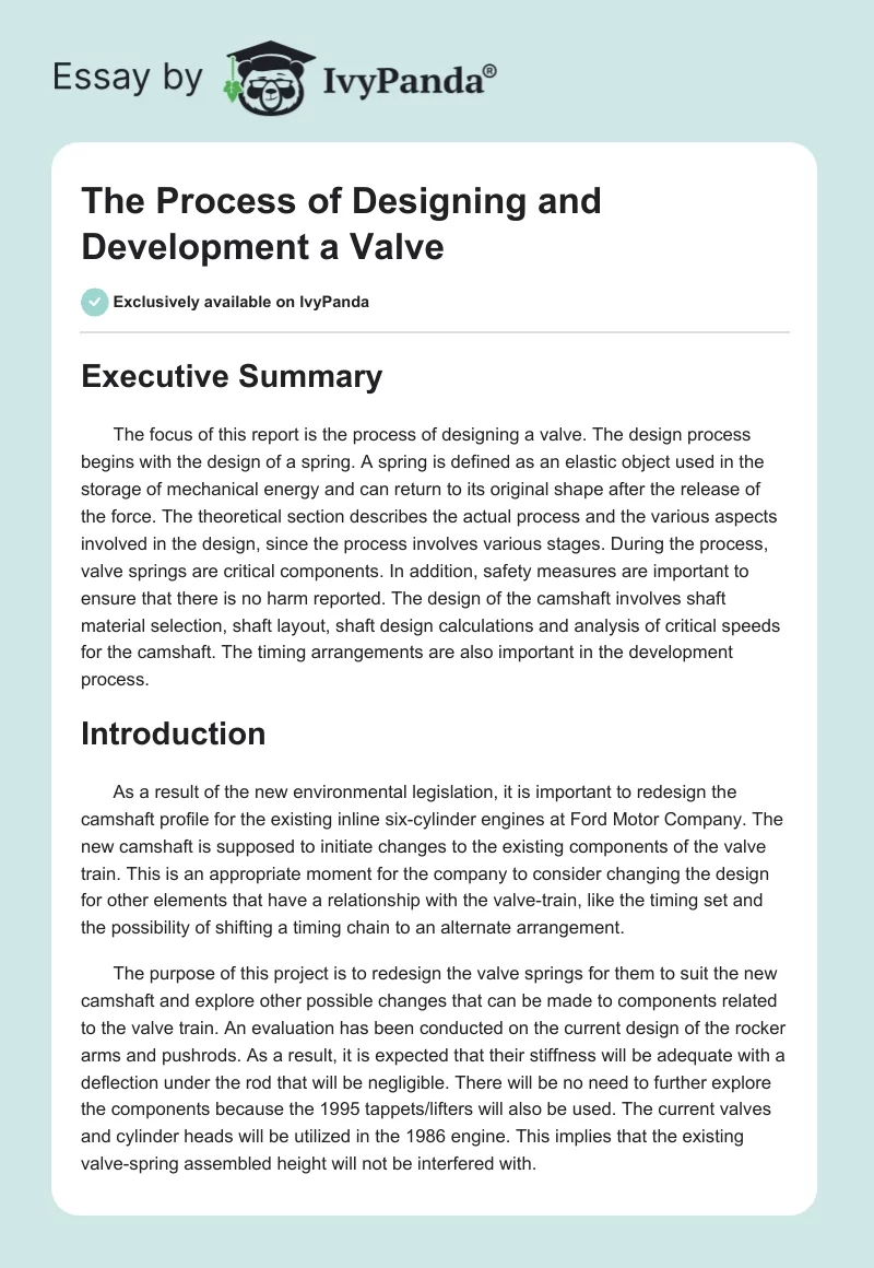 The Process of Designing and Development a Valve. Page 1