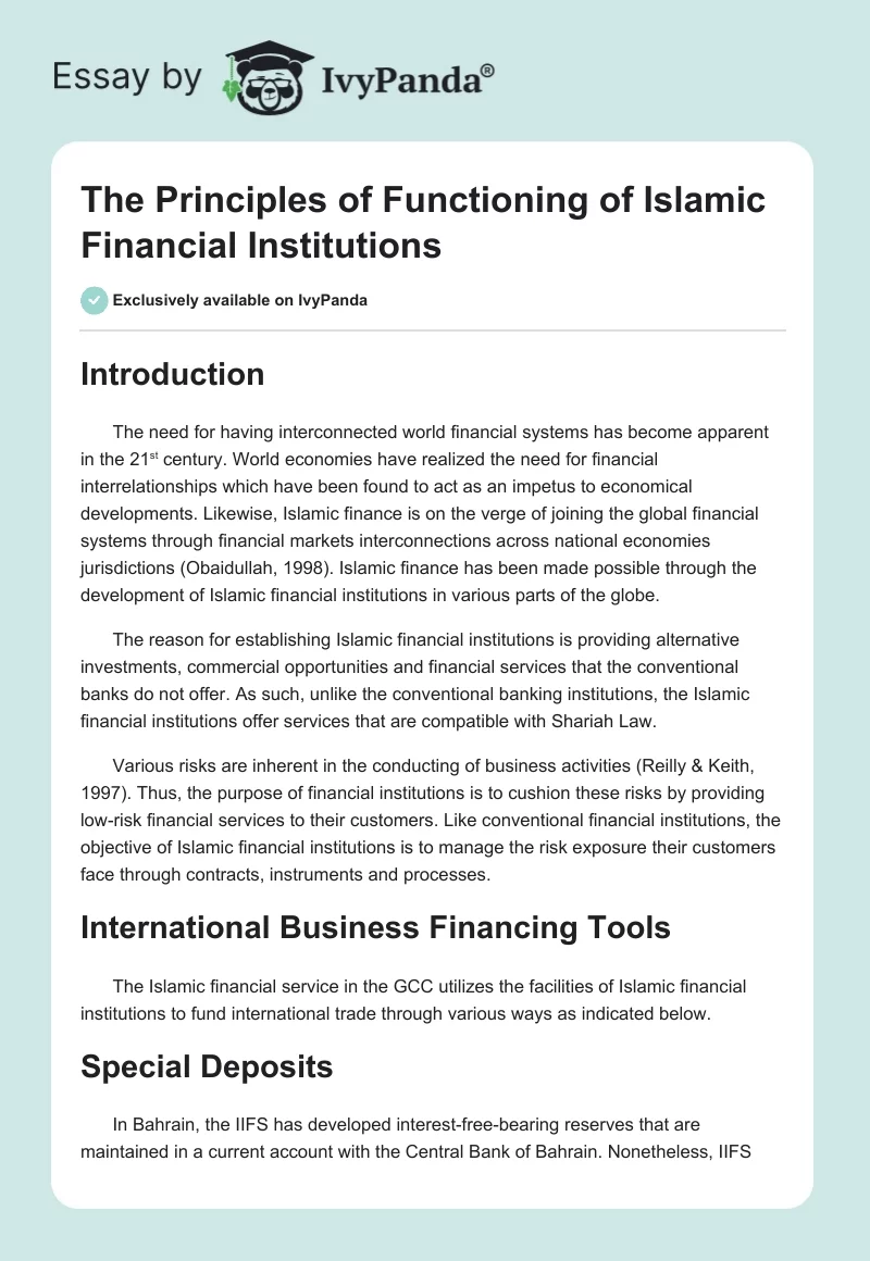 The Principles of Functioning of Islamic Financial Institutions. Page 1