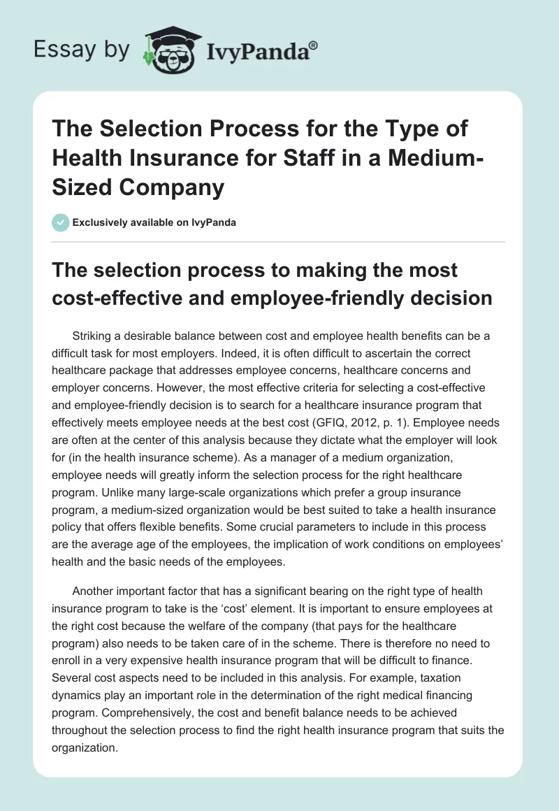 The Selection Process for the Type of Health Insurance for Staff in a Medium-Sized Company. Page 1