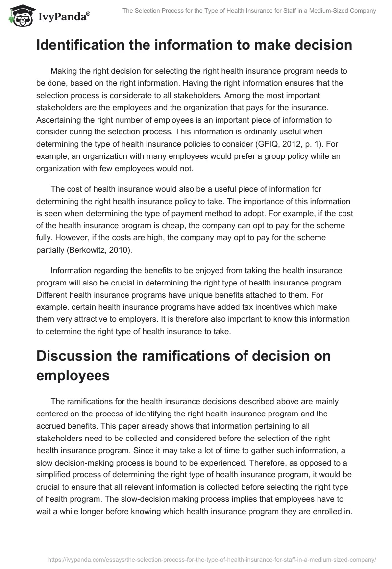 The Selection Process for the Type of Health Insurance for Staff in a Medium-Sized Company. Page 2