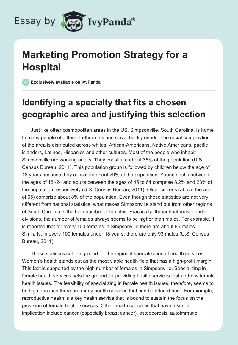 Marketing Promotion Strategy for a Hospital. Page 1
