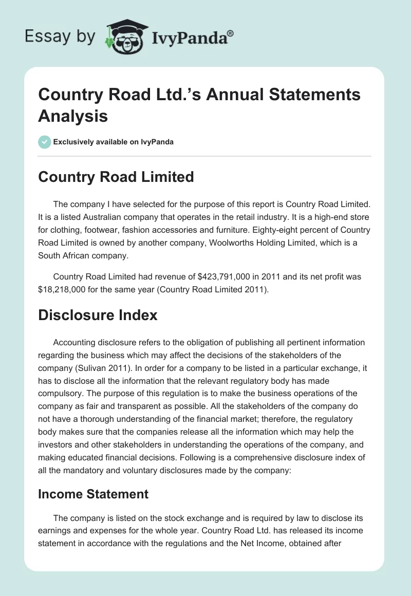 Country Road Ltd.’s Annual Statements Analysis. Page 1