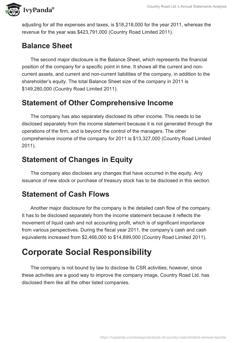 Country Road Ltd.’s Annual Statements Analysis. Page 2
