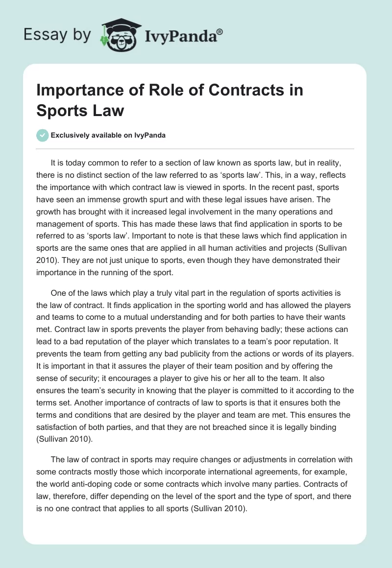 Importance of Role of Contracts in Sports Law. Page 1