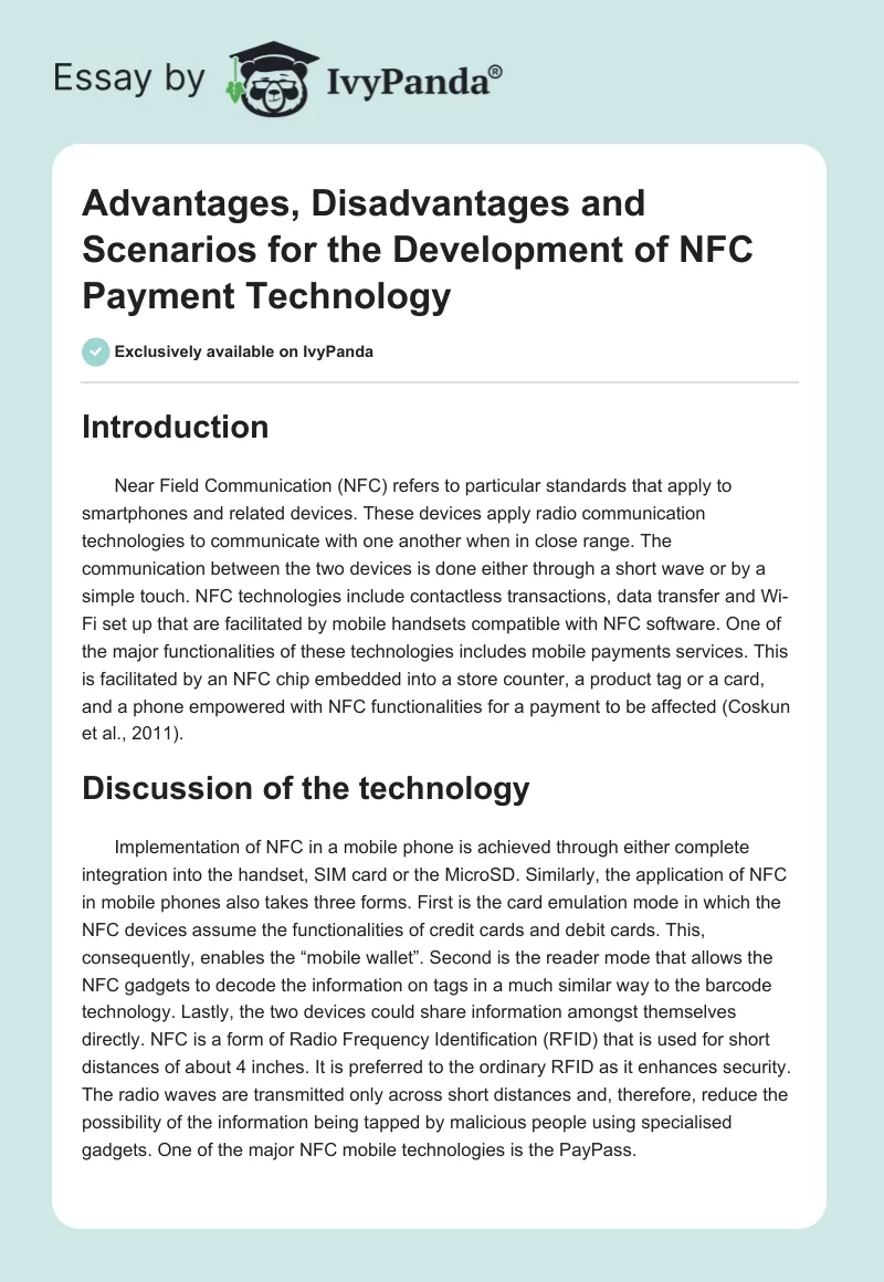 Advantages, Disadvantages and Scenarios for the Development of NFC Payment Technology. Page 1