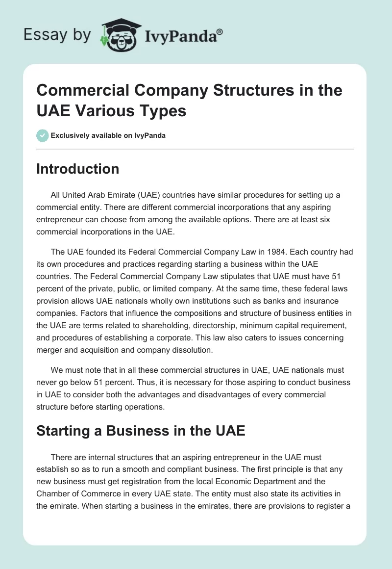 Commercial Company Structures in the UAE Various Types. Page 1