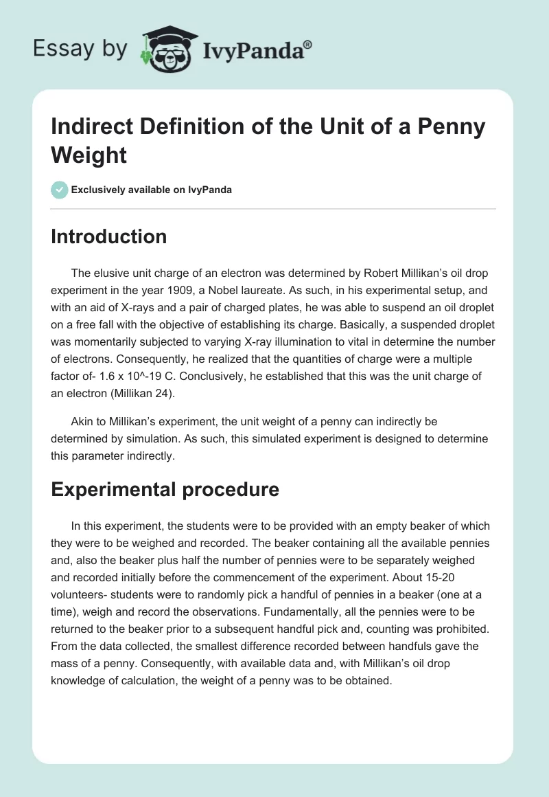 Indirect Definition of the Unit of a Penny Weight. Page 1