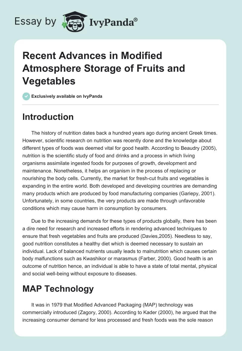 Recent Advances in Modified Atmosphere Storage of Fruits and Vegetables. Page 1