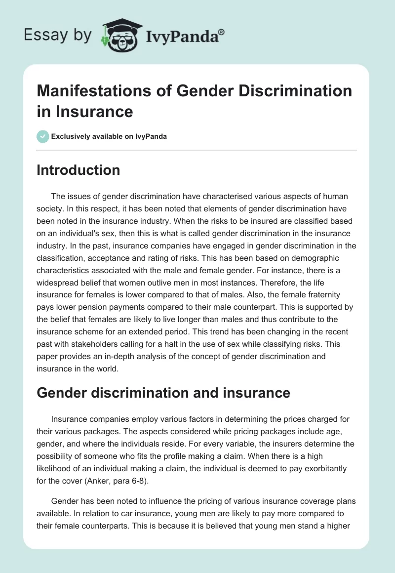 Manifestations of Gender Discrimination in Insurance. Page 1
