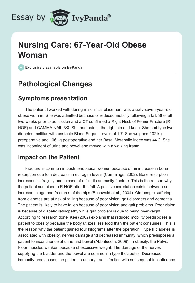 Nursing Care: 67-Year-Old Obese Woman. Page 1
