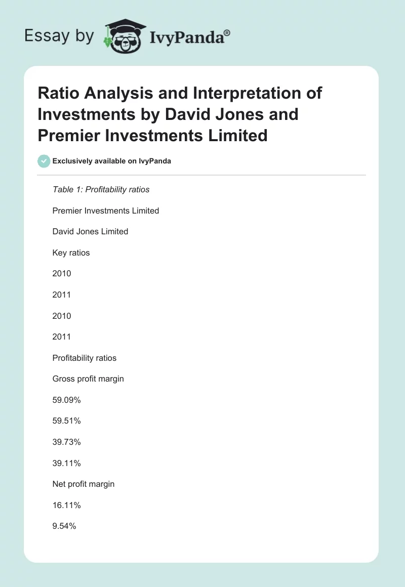 Ratio Analysis and Interpretation of Investments by David Jones and Premier Investments Limited. Page 1