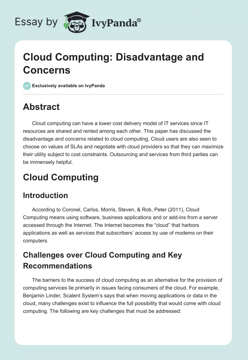 Cloud Computing: Disadvantage and Concerns. Page 1
