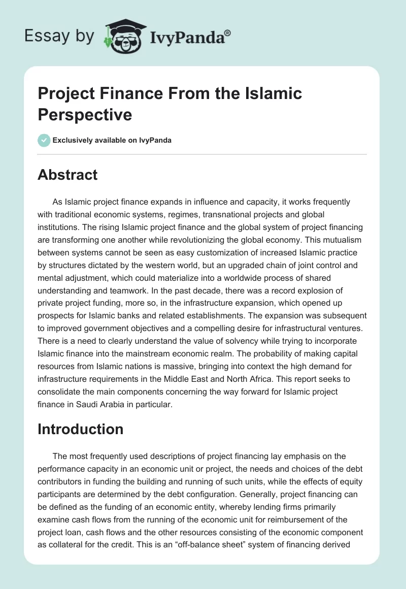 Project Finance From the Islamic Perspective. Page 1