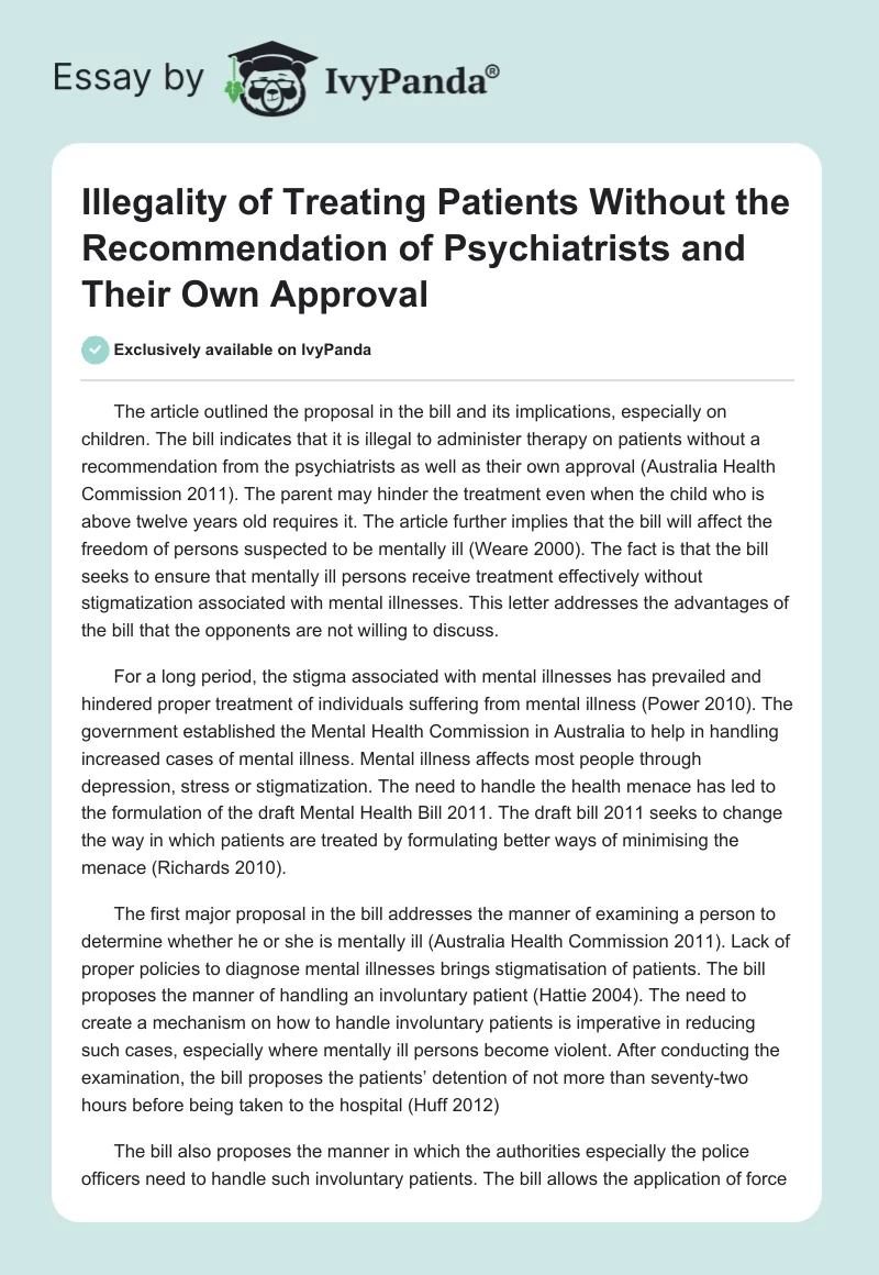 Illegality of Treating Patients Without the Recommendation of Psychiatrists and Their Own Approval. Page 1
