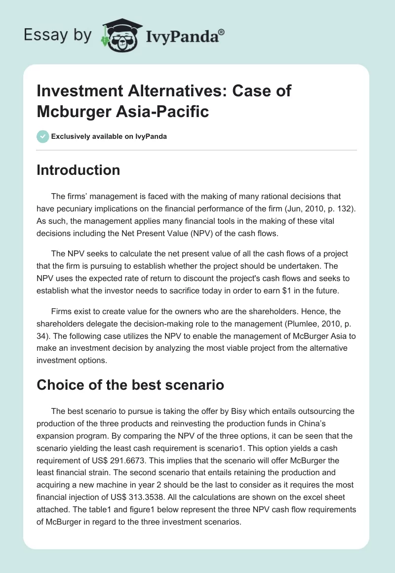 Investment Alternatives: Case of Mcburger Asia-Pacific. Page 1