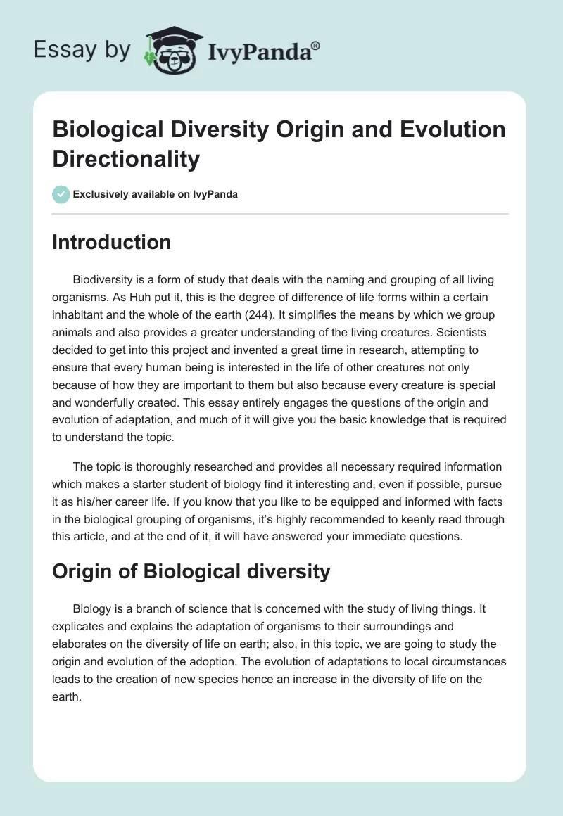 Biological Diversity Origin and Evolution Directionality. Page 1