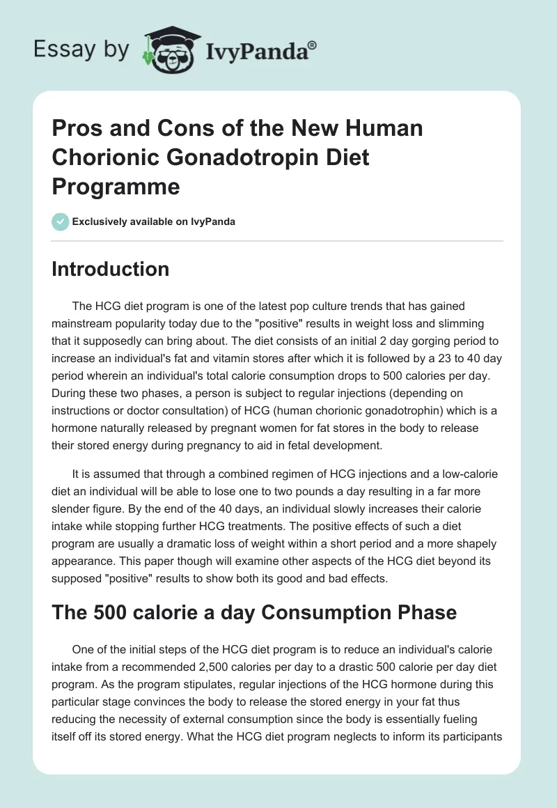 Pros and Cons of the New Human Chorionic Gonadotropin Diet Programme. Page 1