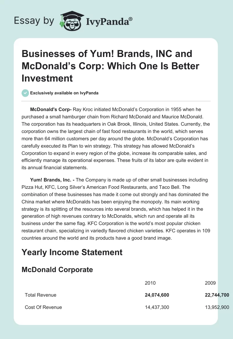 Businesses of Yum! Brands, INC and McDonald’s Corp: Which One Is Better Investment. Page 1