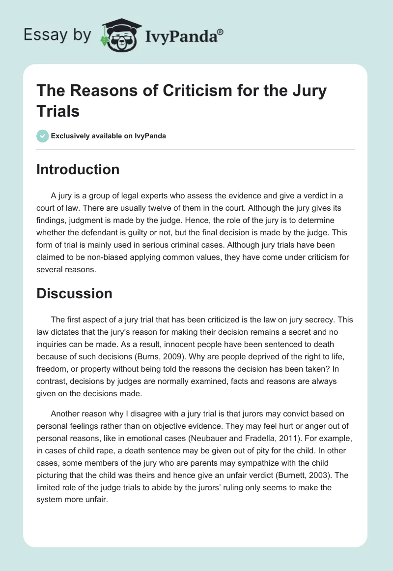 The Reasons of Criticism for the Jury Trials. Page 1