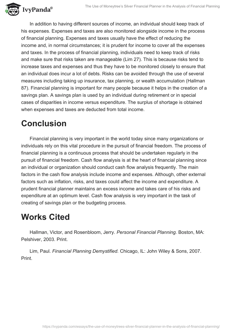The Use of Moneytree’s Silver Financial Planner in the Analysis of Financial Planning. Page 2