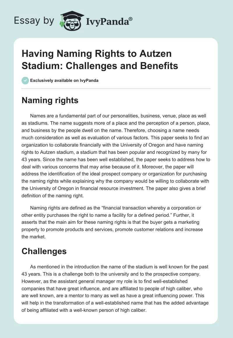 Having Naming Rights to Autzen Stadium: Challenges and Benefits. Page 1