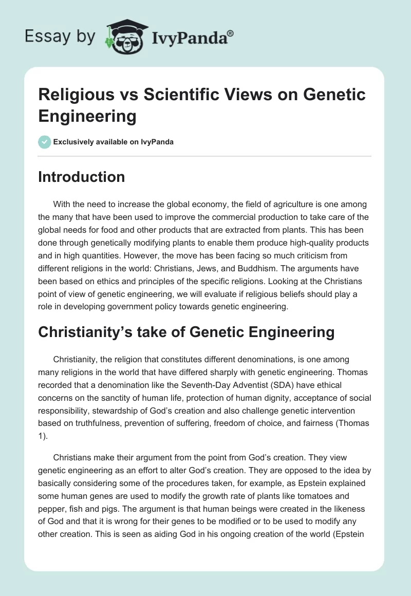 Religious vs Scientific Views on Genetic Engineering. Page 1