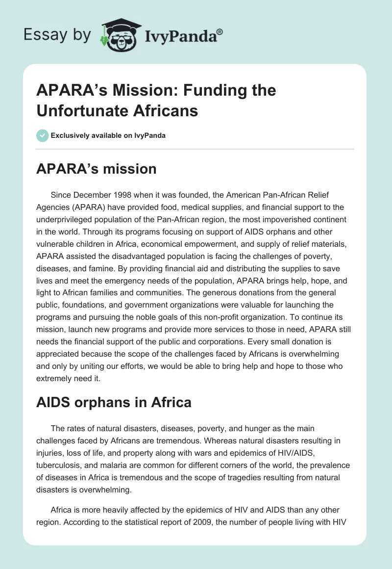 APARA’s Mission: Funding the Unfortunate Africans. Page 1