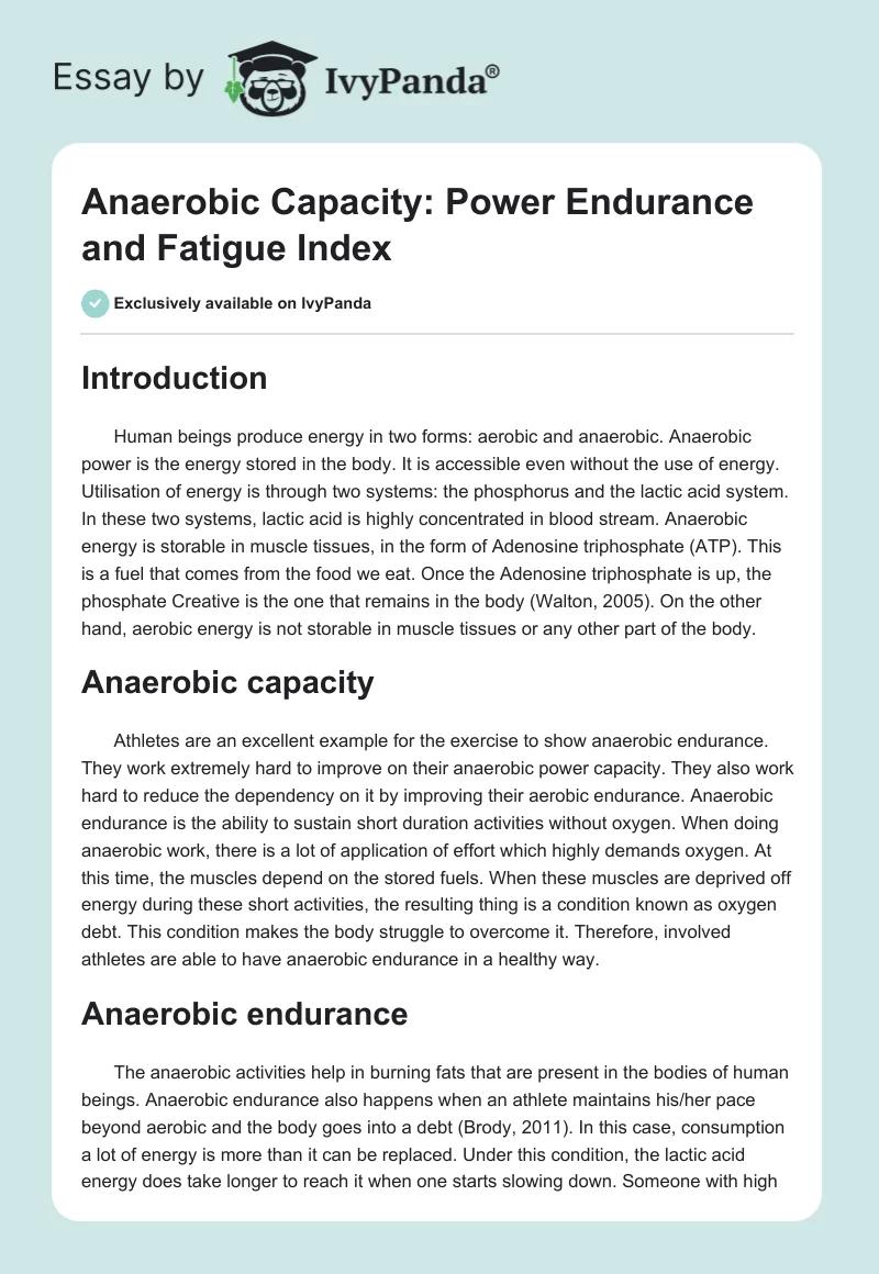 Anaerobic Capacity: Power Endurance and Fatigue Index. Page 1